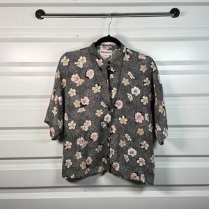 Personal Vintage Floral Polka Dot Button Up Shirt Black Pink Short Sleeve Blouse